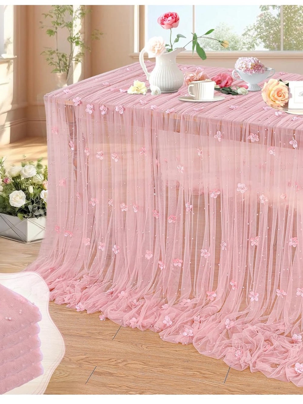 Elegant Pink Floral Table Cloth with Floral and Beaded Accent